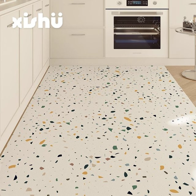 Wasserdichte Küchenbodenmatte in Weiß mit Terrazzo-Marmor-Optik aus PVC-Leder, ölbeständig und fleckresistent für Küche und Balkon - Bild 1