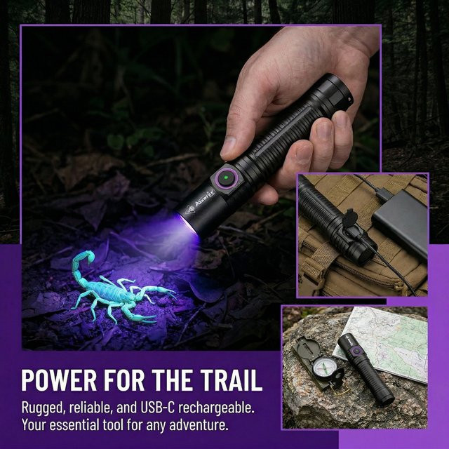 Alonefire 5W UV-LED Schwarzlicht-Taschenlampe 365nm in Schwarz, USB-wiederaufladbar zur Detektion von Haustierflecken, Tinea, Geldscheinen und Skorpionen - Bild 1