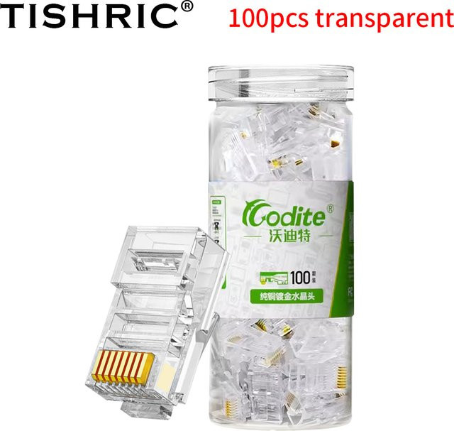 TISHRIC 100 Stück RJ45 Ethernet Netzwerkstecker Cat5e vergoldet transparent - Bild 1