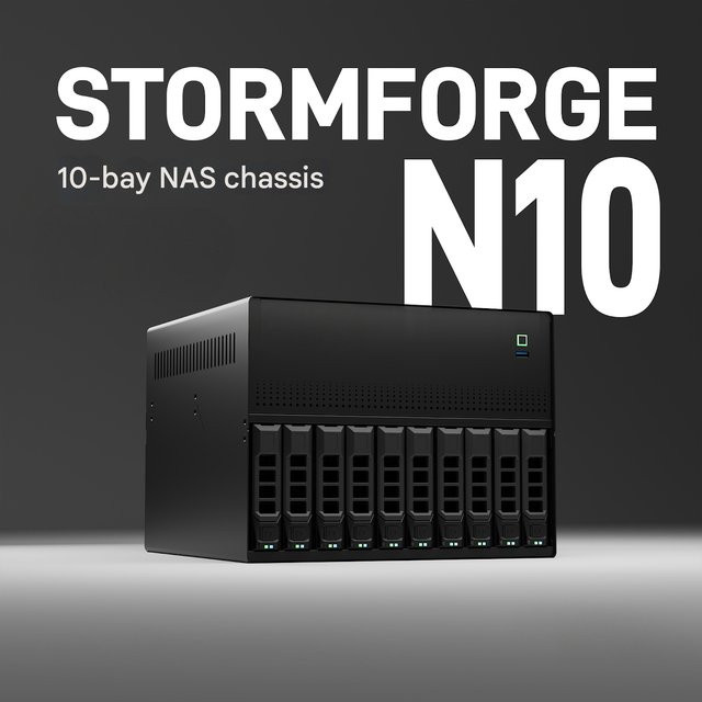 N10 NAS-Chassis in Schwarz mit Platz für 10 plus 2 Laufwerke, Micro-ATX-Mainboard-Unterstützung und Feiniu 1U-Netzteil für 8 Antriebe - Bild 1
