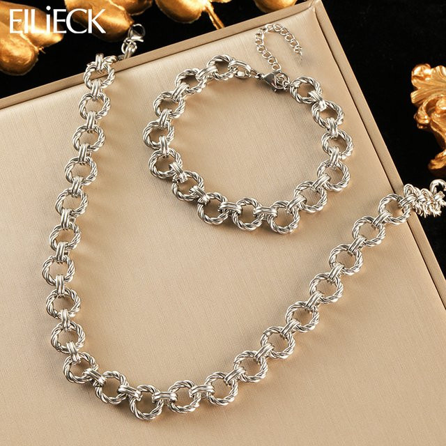 EILIECK Halskette und Armband Set, Edelstahl, Silber, Damen, Punk - Bild 1