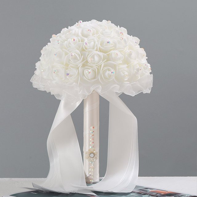 TRUE LOVE GIFT Klassischer runder Kunstrosenstrauß in Weiß aus Polyesterseide für Hochzeiten und Tischdekoration - Bild 1