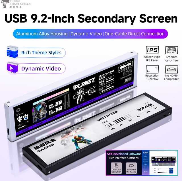 TURZX 9,2 Zoll IPS Sekundärbildschirm mit USB-C Anschluss, Full HD LCD Monitor für Windows 10 11 zur Anzeige von CPU, GPU, RAM und Festplatten, Schwarz - Bild 1