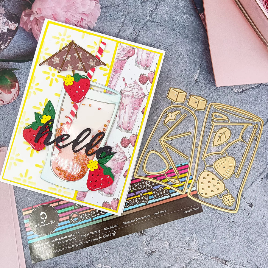 Alinacutle Metall Stanzformen Sommergetränke Erdbeere in Gold für DIY-Grußkarten und Papierhandwerk - Bild 2