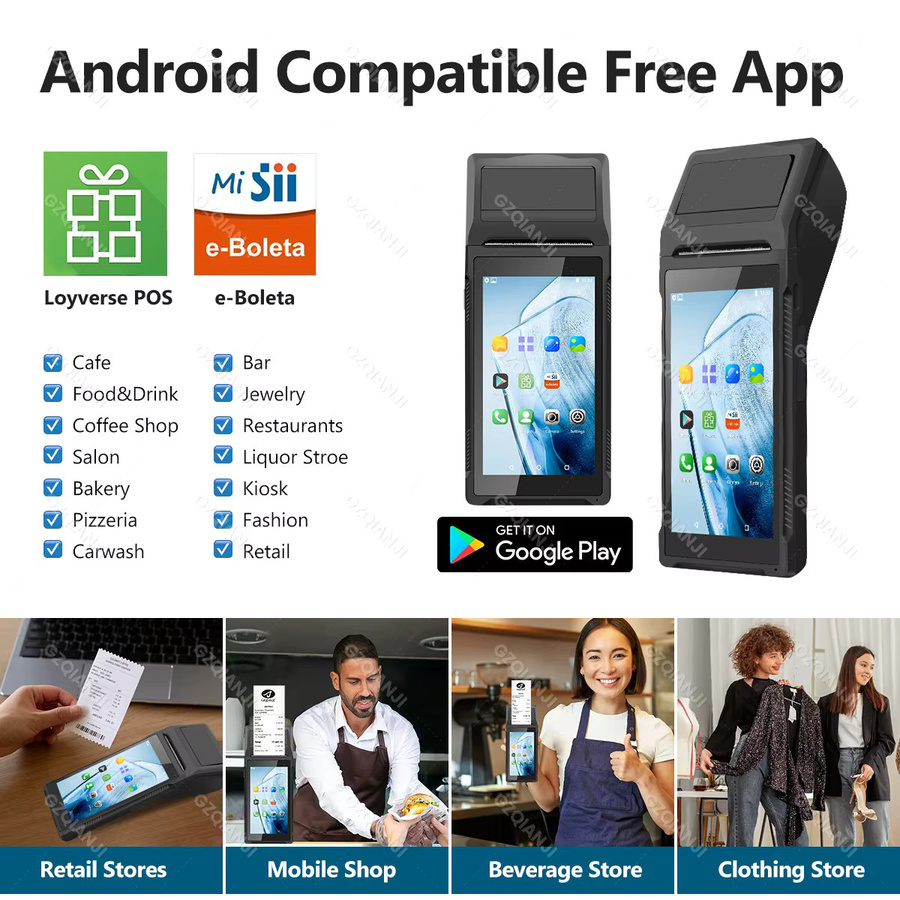 GZQIANJI Handheld POS Terminal Schwarz mit 5,45 Zoll Touchscreen, 58mm Thermodrucker, WiFi, Bluetooth 4.0 und USB-C Unterstützung für Loyverse - Bild 5