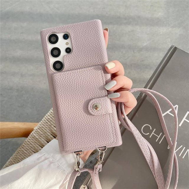 Luxuriöse Leder-Handyhülle mit Hals- und Schultergurt als Crossbody Wallet Lanyard für Samsung S23 Ultra, S22 und S21 Plus 5G in Pink - Bild 1