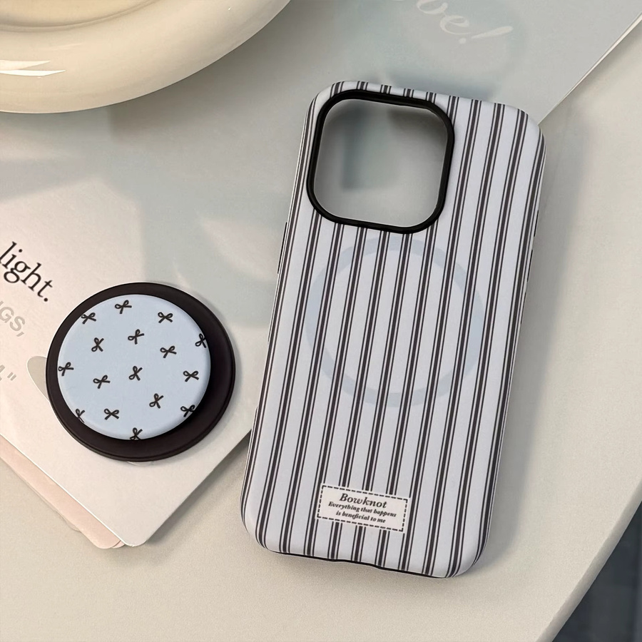 MUQGEW Magnetische iPhone Handyhülle mit koreanischem Streifen-Design und Schleifen-Halterung, stoßfeste Hartschale für iPhone 11 bis iPhone 17 Pro Max - Bild 3