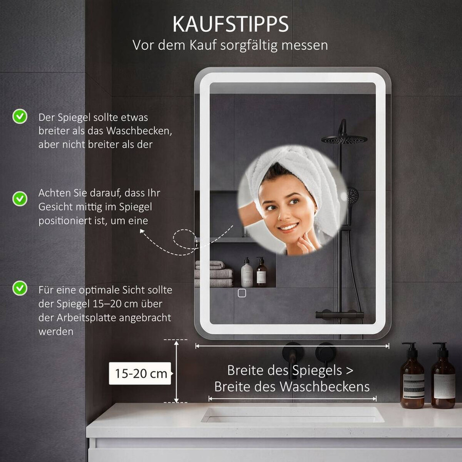 HOMCOM LED-Badspiegel in Silber mit Touch-Funktion, Rechteckig, B/H/T: 50 x 70 x 4 cm - Bild 3