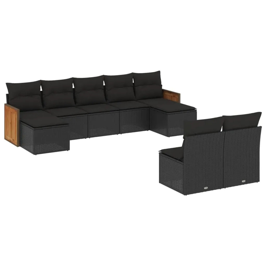 vidaXL 9-teilige Garten-Sofagarnitur in L-Form aus Poly-Rattan und Akazienholz mit Kissen, Schwarz - Bild 2