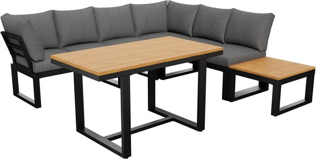 okwish Gartenmöbel Lounge Set in Grau mit Ecksofa, Couchtisch und Tisch aus Metall und wetterfesten Polstern - Bild 1