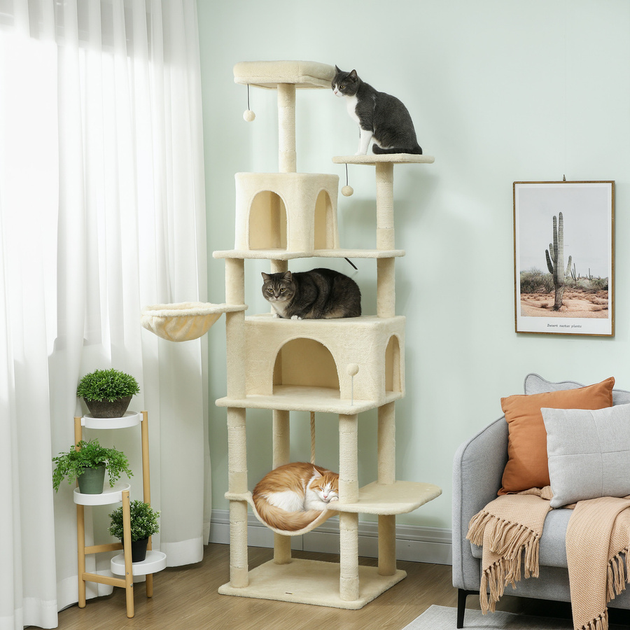 PawHut Kratzbaum für Katzen in Beige mit Höhle, Plattformen, Spielzeug und Sisal-Pfosten, Höhe: 202 cm - Bild 2