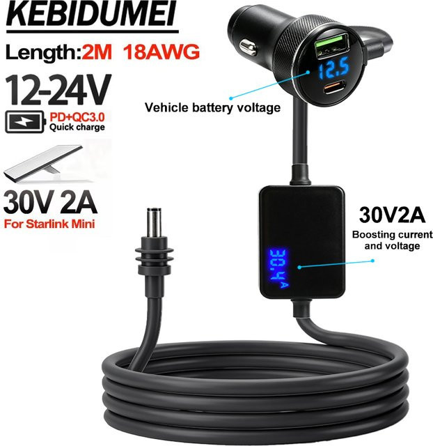 Kebidumei USB Typ C Auto Ladegerät für Starlink mit Digital Voltmeter und 2m wasserdichter Verlängerung, Schwarz, 12V-24V Fahrzeuge - Bild 1