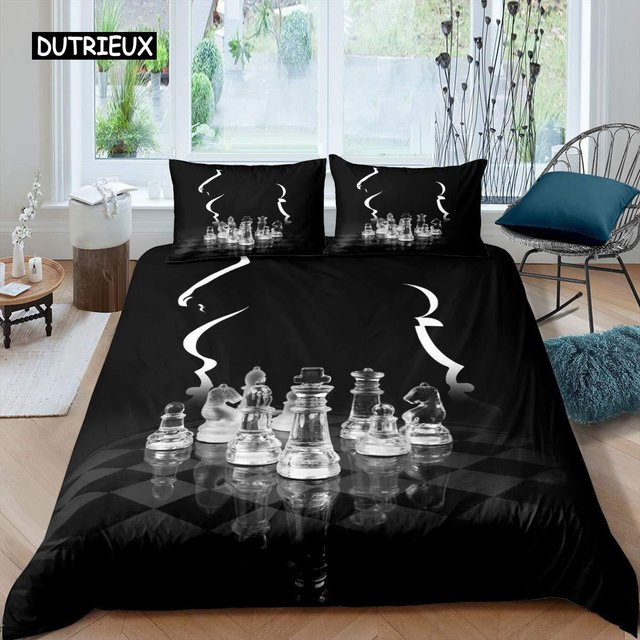 Bettwäscheset mit Schachmotiv von Binchi Outdoor Product in Schwarz, 3-teiliges Mikrofaser-Bettbezug-Set für Erwachsene, Breite: 150 cm, Höhe: 200 cm - Bild 1