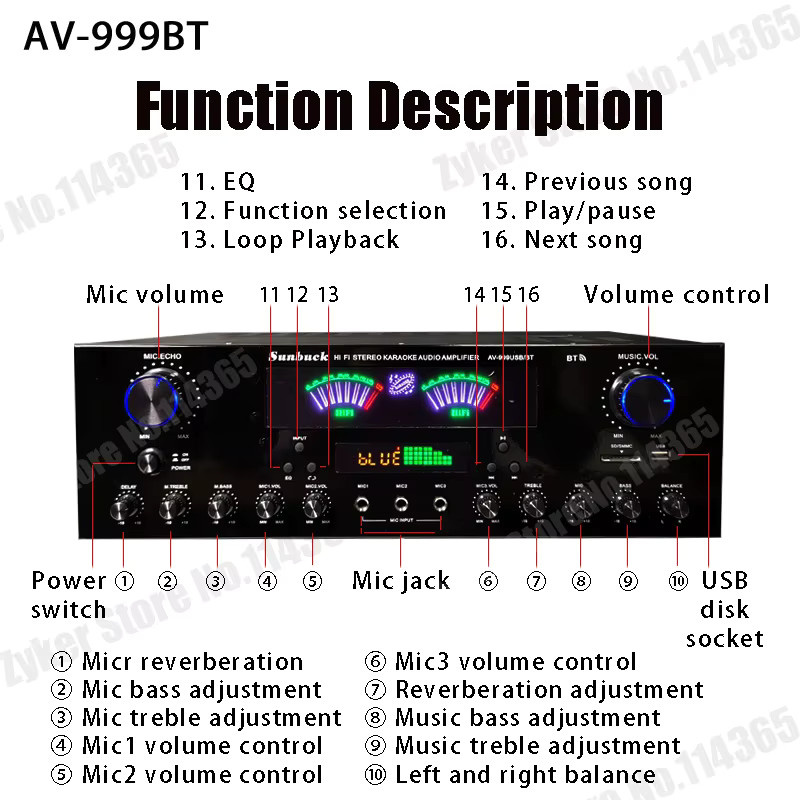 WAPUNO Bluetooth HiFi-Digital-Stereo-Verstärker AV-555BT/999BT in Schwarz mit zwei dynamischen Bildschirmen und max. 4000W für Heimkino, Auto und Karaoke - Bild 3