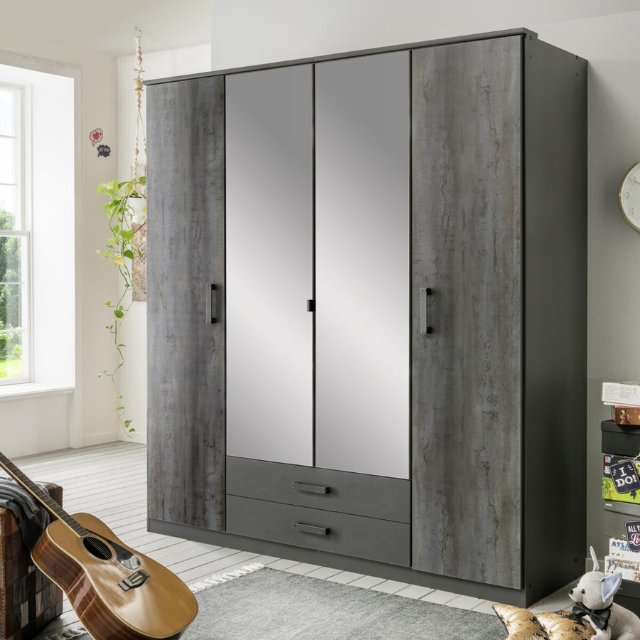 Kleiderschrank Duisburg in Graphit mit integrierten Schubladen und Spiegel, B/H/T: 180 x 199 x 58 cm - Bild 2