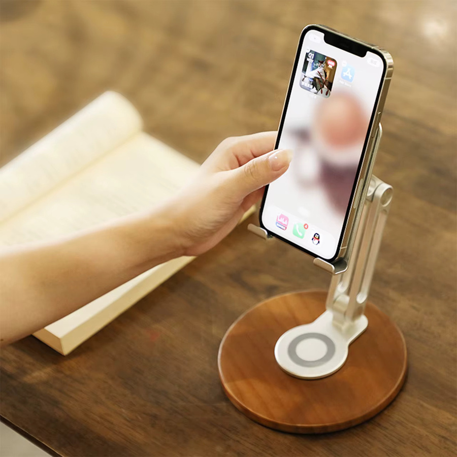 Prichiamo Universal Handy und Tablet Ständer aus Holz mit 360 Grad Drehung in Braun und Silber - Bild 4