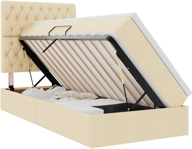 vidaXL Aufbewahrungsbett mit Matratze in Creme, modernes Polsterbett mit Metallgestell und Lift-up-Funktion, B/T/H: 90 x 190 x 128 cm - Bild 1