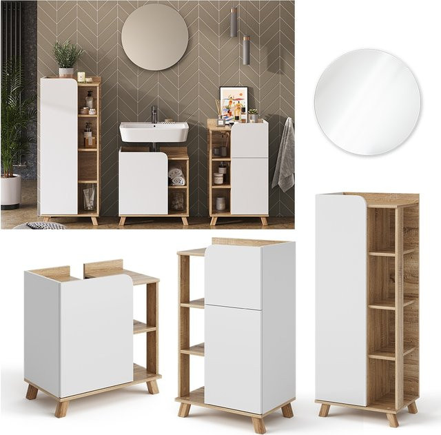 Vicco Badmöbel-Set Karen in Sonoma Weiß, 4-teilige moderne Badezimmerserie mit Waschtischunterschrank, Badspiegel, Midischrank und Unterschrank - Bild 1