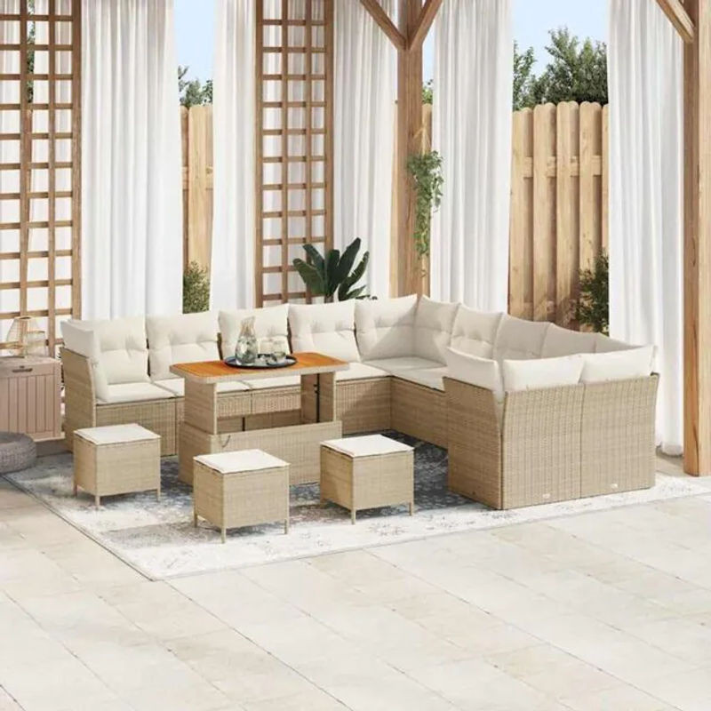 vidaXL Garten-Sofa-Set aus Polyrattan und Akazie in Beige und Creme, 14-teilige Loungemöbel-Garnitur, B/T/H: 110 x 55 x 71 cm - Bild 1
