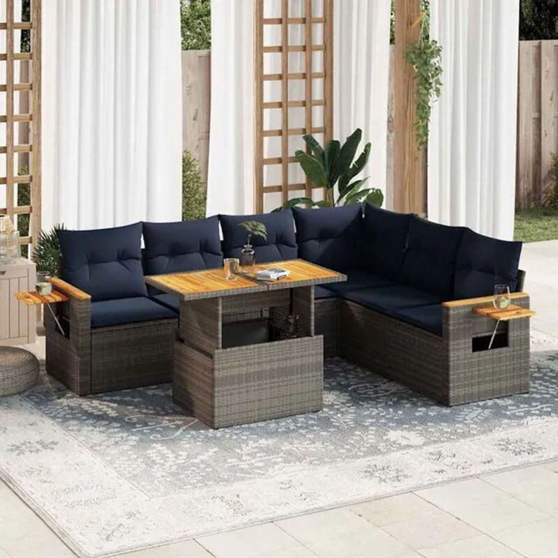 7-teilige Garten-Sofagarnitur aus Poly-Rattan und Akazienholz in Grau mit Kissen von vidaxl - Bild 1