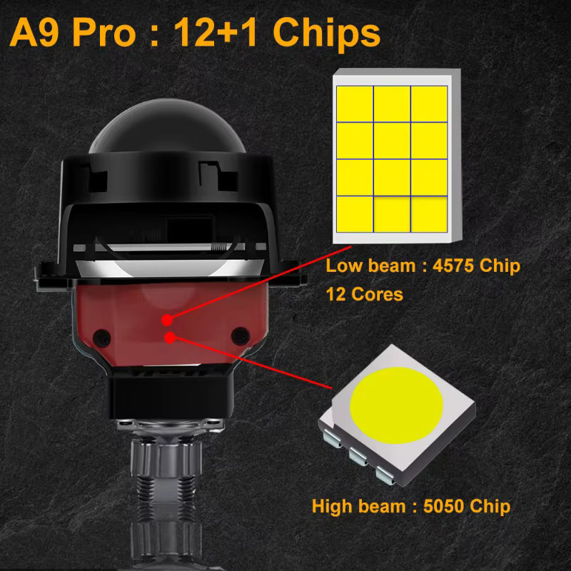 Veclumin A9 Pro Dual Lens Hochleistungs-Auto-LED-Scheinwerfer in Schwarz, 80 W, H4 H11 12+1 Glühbirnen (4575 + 5050) mit 3 Zoll Doppellampenbecher - Bild 2
