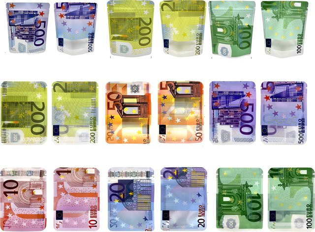 Geruchsdichte Mylar-Standbodenbeutel mit transparentem Fenster und Reißverschluss im Gelddesign, Mehrfarbig - Bild 1