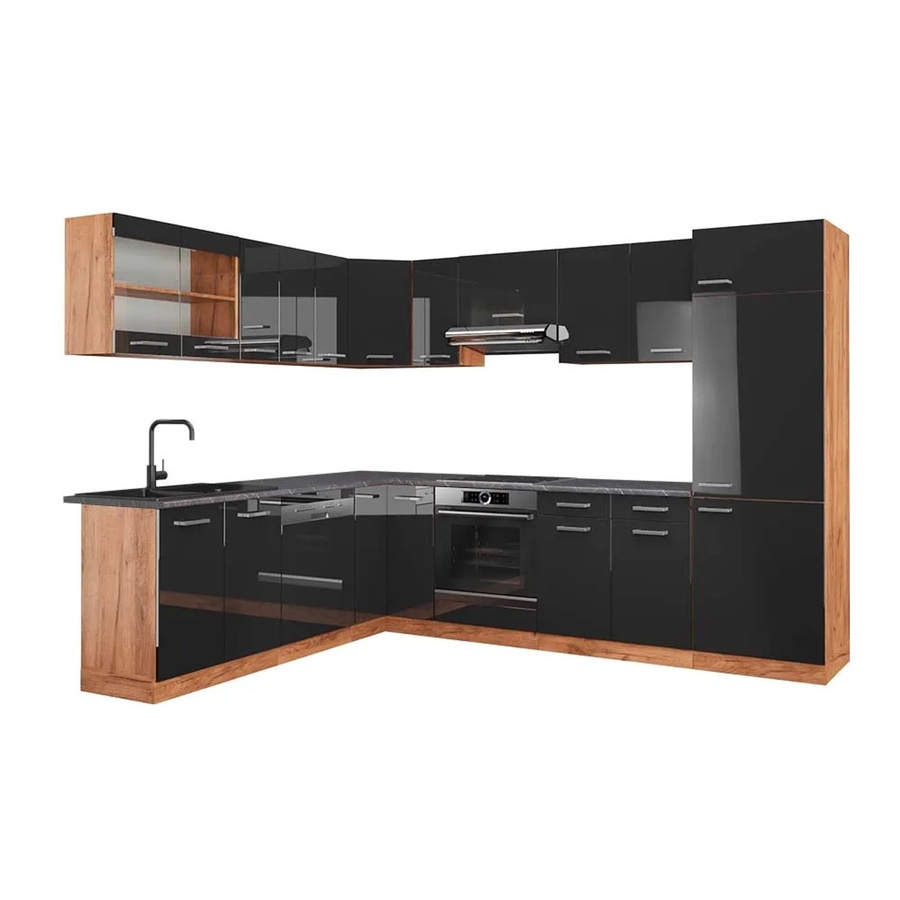 Vicco R-Line Eckküche in Anthrazit Hochglanz und Goldkraft Eiche, moderne Einbauküche ohne Elektrogeräte, B/T/H: 227 x 287 x 207 cm - Bild 2