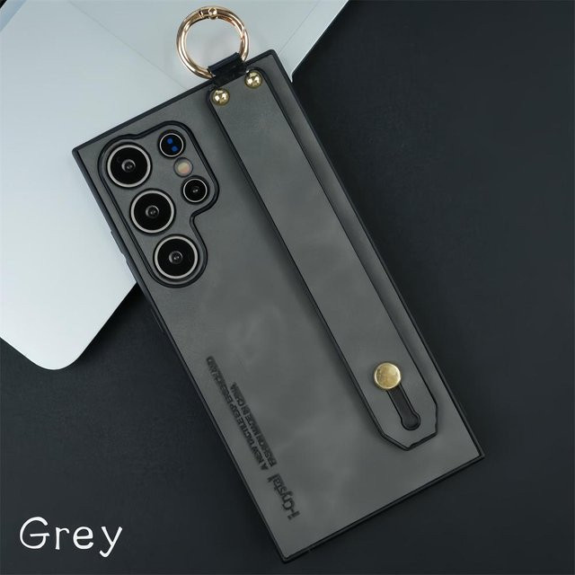 Samsung Handyhülle aus PU-Leder mit Handgelenkschlaufe und Ständer in Grau für Galaxy S24 Ultra S23 S22 S21 Serie - Bild 1
