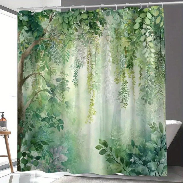 Dai Jiaochuan Duschvorhang Aquarell Wald mit grünen Blättern und Bäumen, wasserdicht und schimmelresistent, Polyester, Breite: 90 cm, Höhe: 165 cm - Bild 1