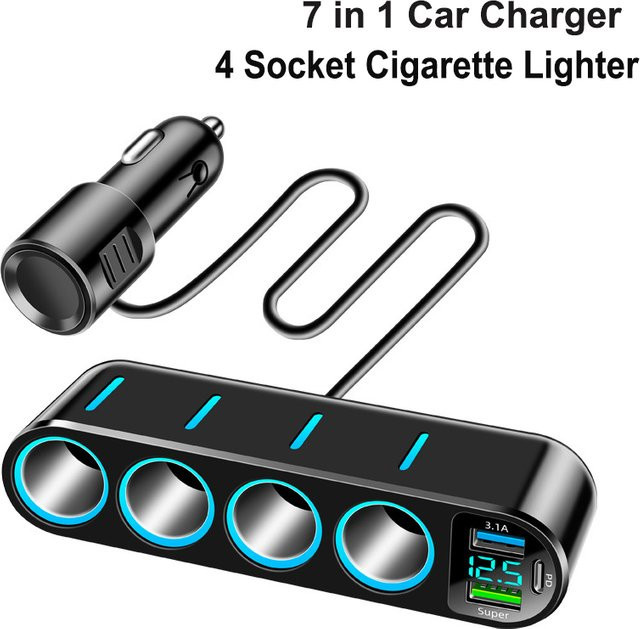 7-in-1 Autoladegerät Adapter von kebidumei in Schwarz mit 4 Buchsen, USB und USB-C, Zigarettenanzünder-Schnelllade-Netzteil mit Digitalanzeige - Bild 1