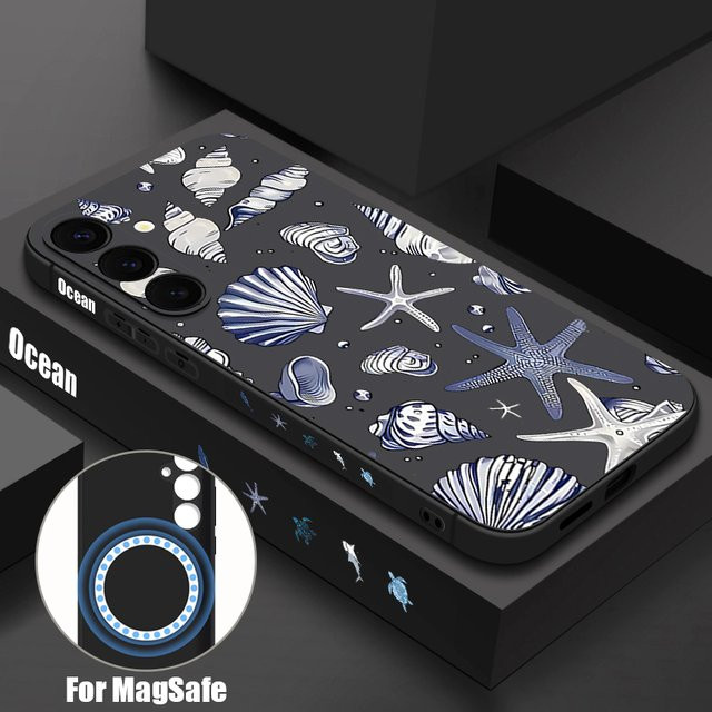 YISHANGOU Magnetische Silikon Hülle mit Seestern und Muscheln für Samsung Galaxy S25 S24 Plus S23 S22 Ultra S24 S20 S21 S23 FE inklusive Lanyard in Beige und Weiß - Bild 1