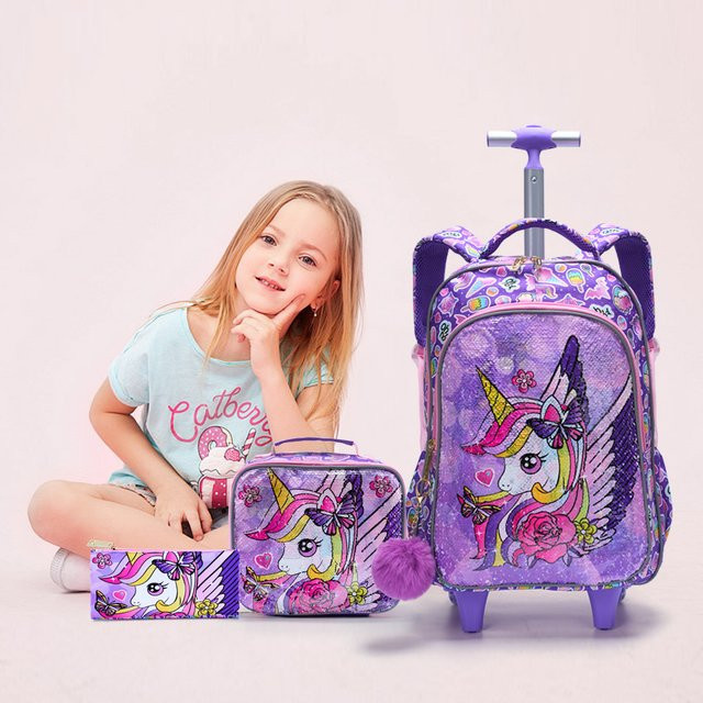 BLING BABIES 3-teiliges Rollrucksack Set für Mädchen mit Einhorn, Pailletten und Leuchteffekt in Lila inklusive Lunchbox und Stifttasche - Bild 1