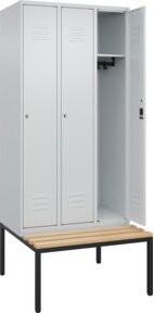 C+P Spind Classic PLUS Garderobenschrank mit Sitzbank, 3 Abteile, Farbe Grau/Schwarz, B/T/H: 212,0 x 90,0 x 81,5 cm, mit Zylinderschloss und 3 Garderobenhaken - Bild 1