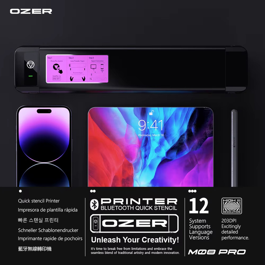 OZER M08Pro Drahtloser Thermodrucker für Tattoo Transfer Schablonen, Tragbarer Bluetooth Kopierer in Schwarz - Bild 4