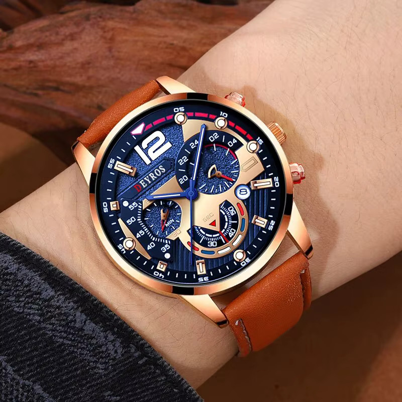 DEYROS Armbanduhr, Quarz, Leder, Blau, Gold, Herren - Bild 6