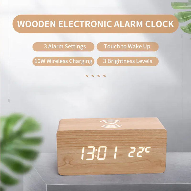 TOMTOP JMS Digitaler Holz-Wecker mit LED-Anzeige, 10W Wireless Charging, Thermometer und Datumsanzeige, Schwarz - Bild 7