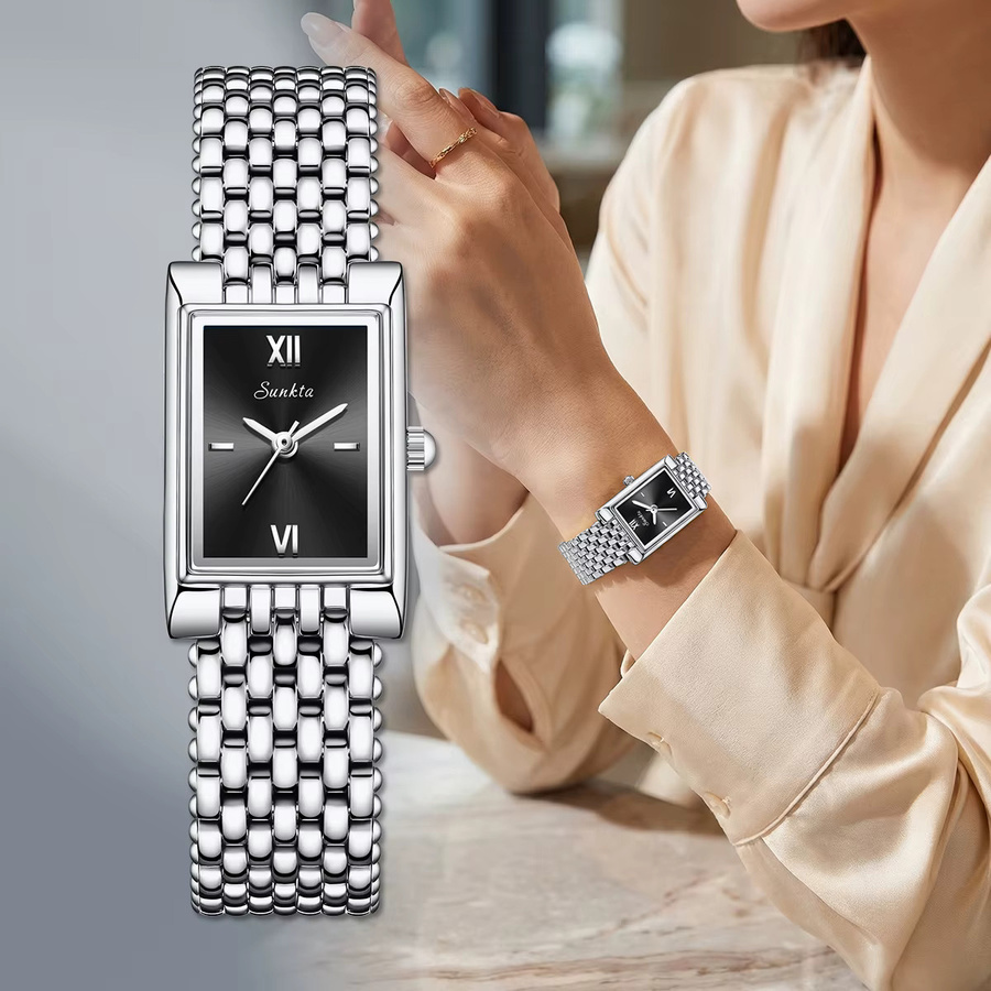 SUNKTA Armbanduhr Quarz, Edelstahl, Eckig, Silber, Damen - Bild 6