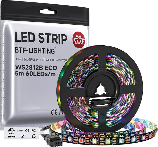 BTF-LIGHTING WS2812B ECO RGB LED-Streifen, individuell adressierbare RGBIC SMD Lichtstreifen, IP30, 60 LEDs, DC5V, Schwarz/Weiß - Bild 1