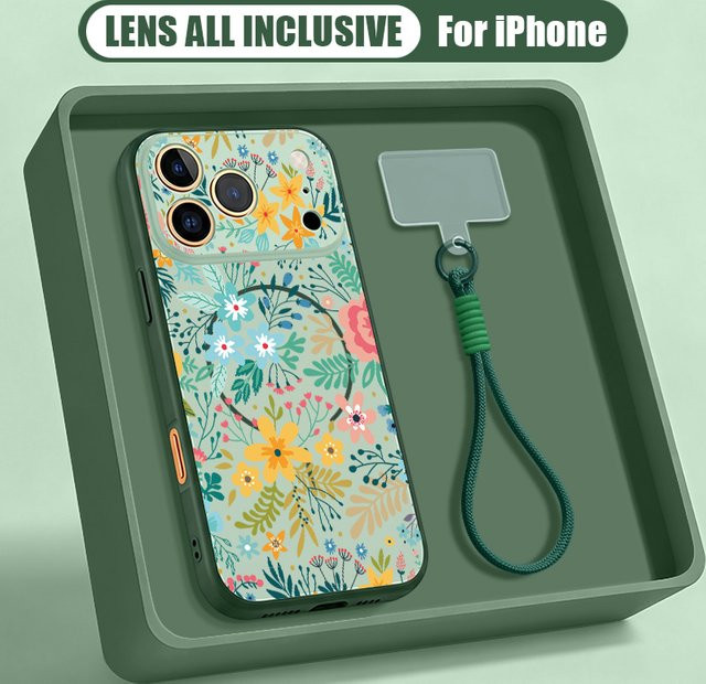 MOESOE Magnetische Handyhülle mit Cartoon-Blumenmuster und Lanyard für iPhone 17 Pro Max, 16, 15, 14, 13 Pro Max, MagSafe kompatible Hartschale, Grün/Mehrfarbig - Bild 1