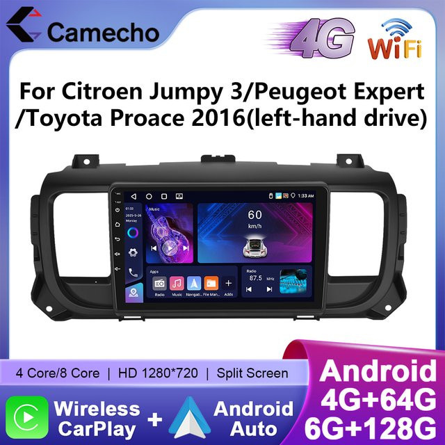 Camecho Wireless CarPlay und Android Auto Autoradio mit GPS, 4G und WIFI für Citroen Jumpy 3, Peugeot Expert und Toyota Proace, Schwarz - Bild 1