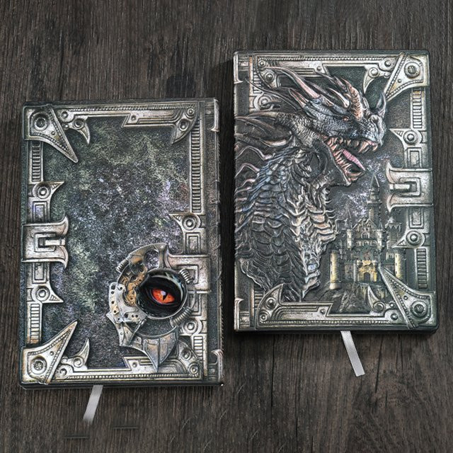 Kreatives Retro A5 Notebook mit 3D Drachen-Prägung und handgemachter Lederabdeckung in Schwarz und Multicolour - Bild 1