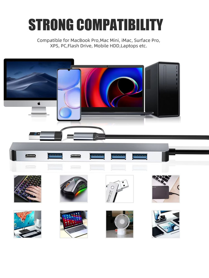 7-in-1 USB-C-Hub mit USB 3.0 und USB 2.0 Anschlüssen für Hochgeschwindigkeits-Datenübertragung in Grau, Plug & Play für MacBook Pro, MacBook Air, PC, iPad und Laptops - Bild 7