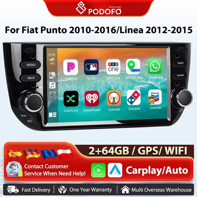 Podofo Wireless Carplay und Android Auto Multimedia Radio mit WIFI und GPS in Schwarz für Fiat Punto 10-16 und Linea 12-15 - Bild 1