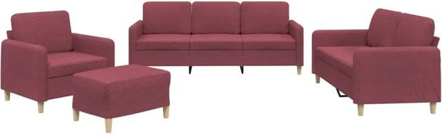 vidaXL 4-teilige Sofagarnitur in Weinrot mit 3-Sitzer-Sofa, 2-Sitzer-Sofa, Sessel und Fußhocker aus Stoff inklusive Kissen - Bild 1