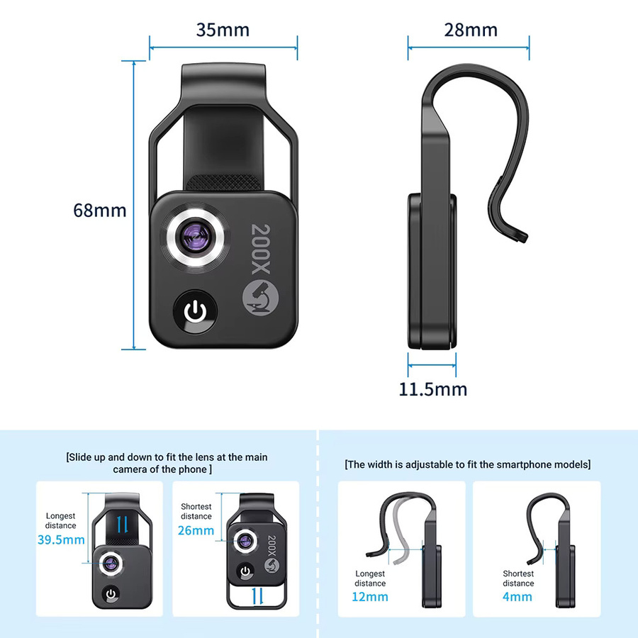APEXEL MS002 200X Telefon-Mikroskop-Objektiv mit Clip in Schwarz für die Beobachtung von Pflanzen, Insekten, Haaren, Haut und Schmuck - Bild 5