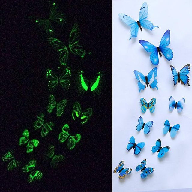 Rui Di 12er Set Leuchtende 3D Schmetterling Wand Aufkleber in Blau zur Dekoration von Wohnzimmer, Hochzeit oder Party - Bild 1