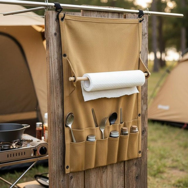 Binchi Outdoor Besteckrolle aus Leinen in Beige mit Papiertuchhalter und Hängefunktion - Bild 1