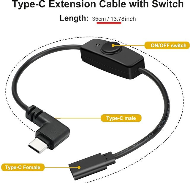 USB-C-Verlängerungskabel mit Ein-/Aus-Schalter und 90 Grad Winkel in Schwarz, 10 cm Länge - Bild 1