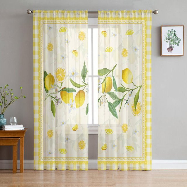 Transparente Vorhänge mit Zitronen-Fruchtmuster und Karomuster in Gelb von Household supplies MH, Material: Polyester, Breite: 135 cm, Höhe: 160 cm - Bild 1