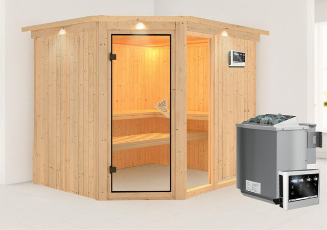 Karibu Sauna Freyja 3 mit BioKombiofen 9.0 kW, LED-Dachkranz und externem Steuergerät, Natur/Braun/Beige, B/T/H: 231 x 196 x 245 cm - Bild 1